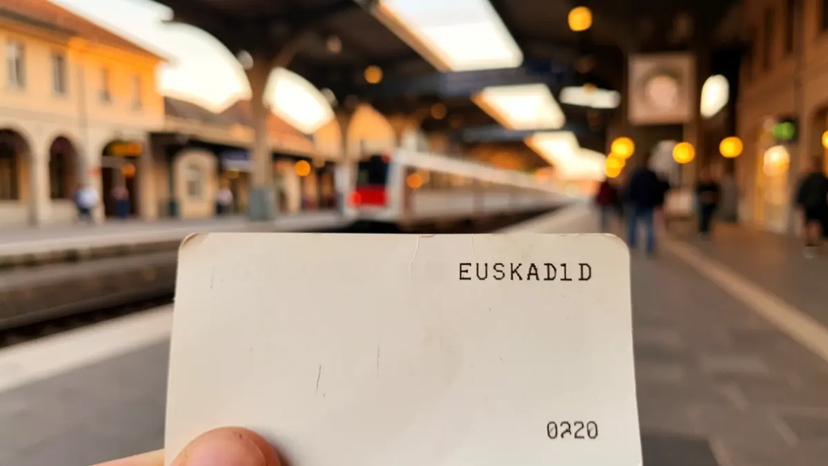 Generic image of a train ticket with a blurred train station in the background.