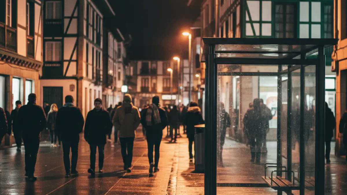 Generic image of an empty bus stop at night in a Basque town.
