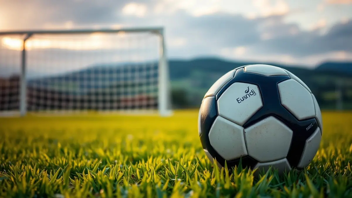 Generic image of a soccer ball on freshly cut grass, with a blurred white goal net in the background.