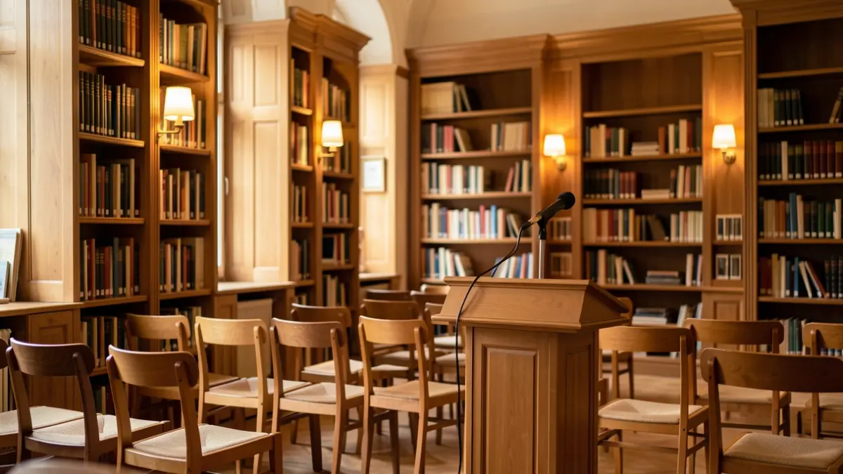 Interior de una biblioteca con estanterías de madera y ambiente acogedor.