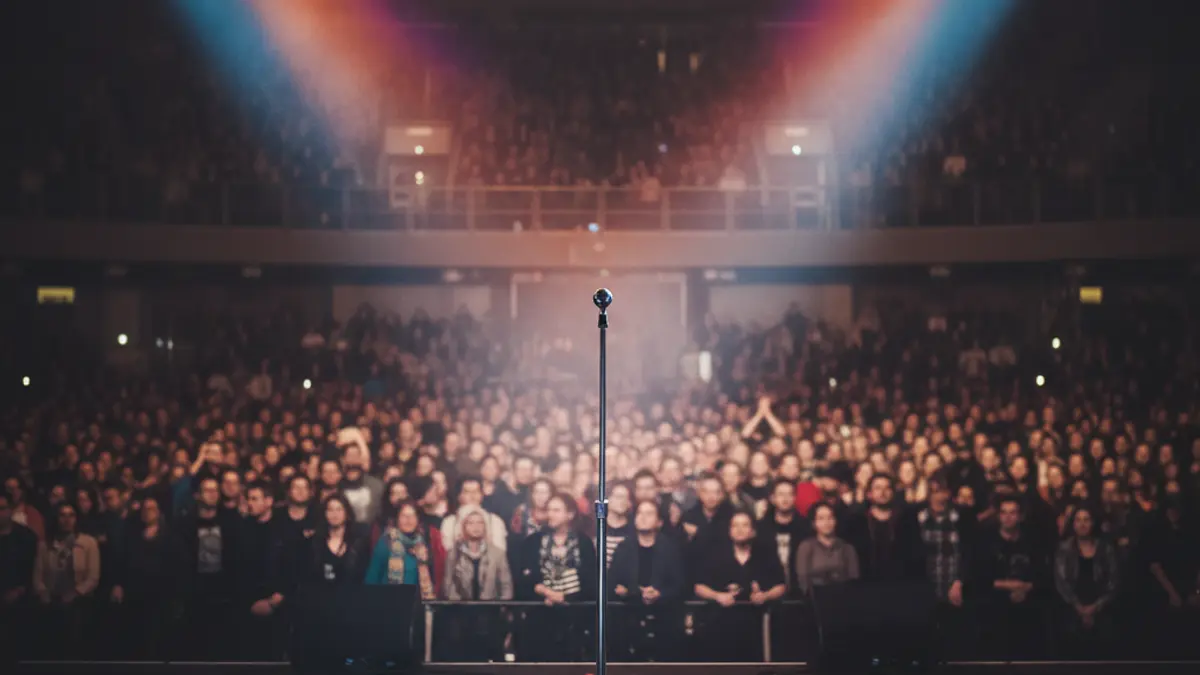 Imagen genérica de un escenario de concierto con un micrófono vacío y luces brillantes.