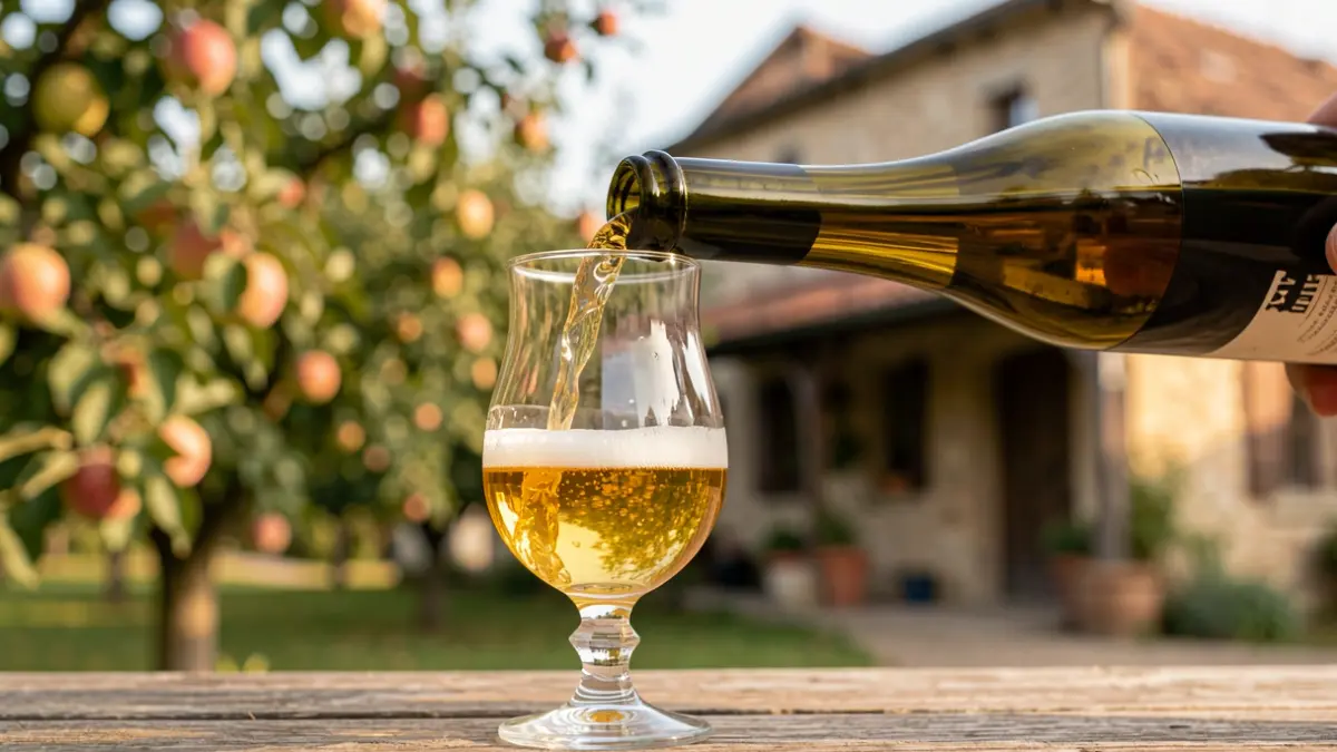 Fotografía de una copa de sidra siendo servida desde una botella, con manzanos y una sidrería rústica al fondo.