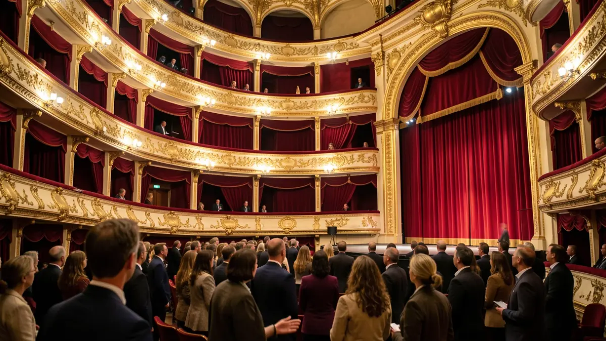 Interior de un escenario de ópera con iluminación profesional y cortinas rojas.