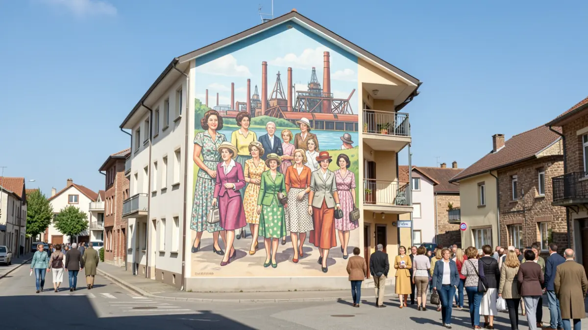 Mural bertikal bat, 60ko hamarkadako emakume migratzaileak irudikatzen dituena Arrasaten.