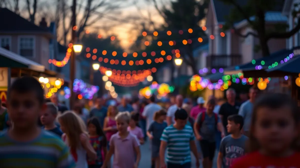 Generic image of a festive neighborhood atmosphere at dusk, with silhouettes of people and colorful lights.