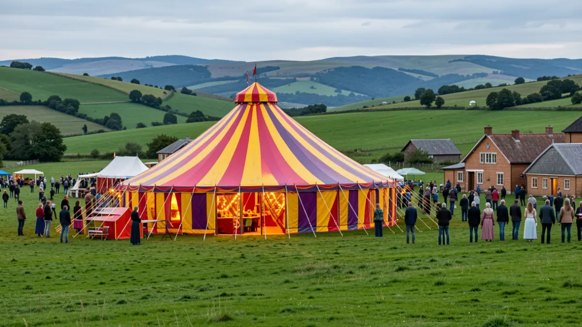 Generic image: illuminated circus tent in a green field.