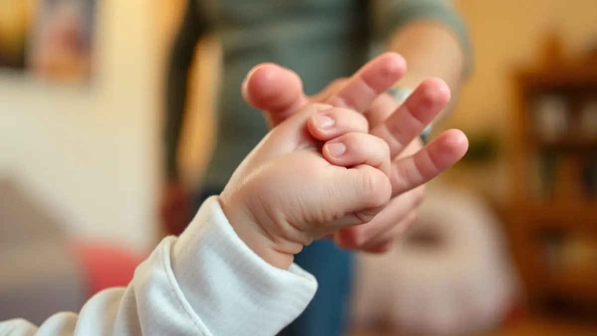 A baby's tiny hand holding an adult's finger, symbolizing family and new life.