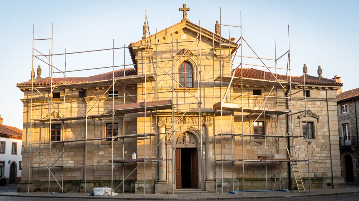 Facade of the historic Santa Clara convent in Zarautz, with scaffolding indicating renovation work.