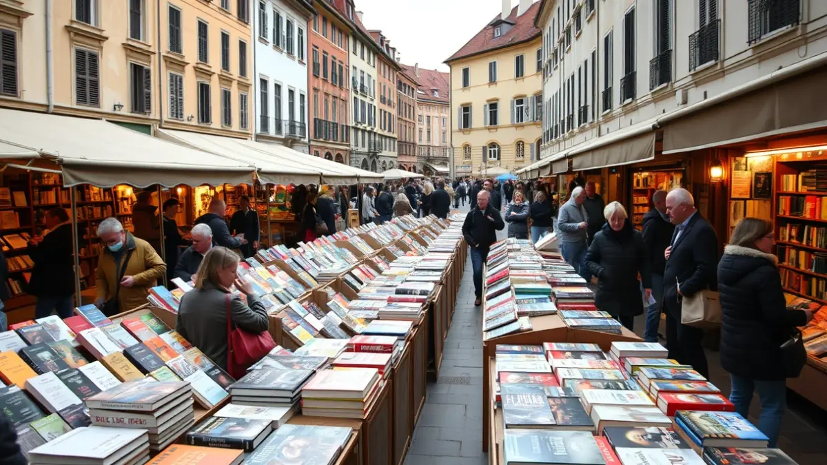 Generic image of an outdoor book fair, with stalls and people browsing books.