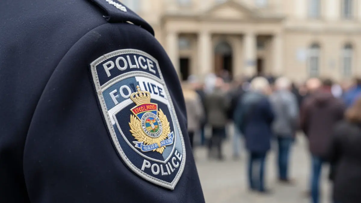 Close-up image of a police badge, with the town hall facade blurred in the background.