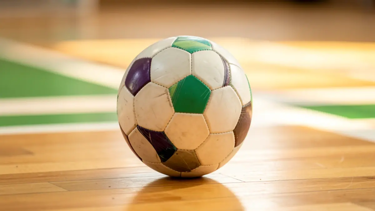 Futsal ball on a wooden court, illuminated.