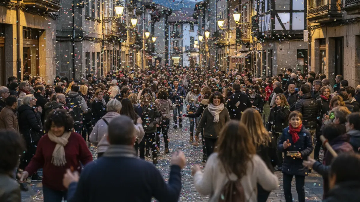 Imagen genérica: ambiente festivo en una calle de un pueblo vasco, con gente y confeti en el aire.