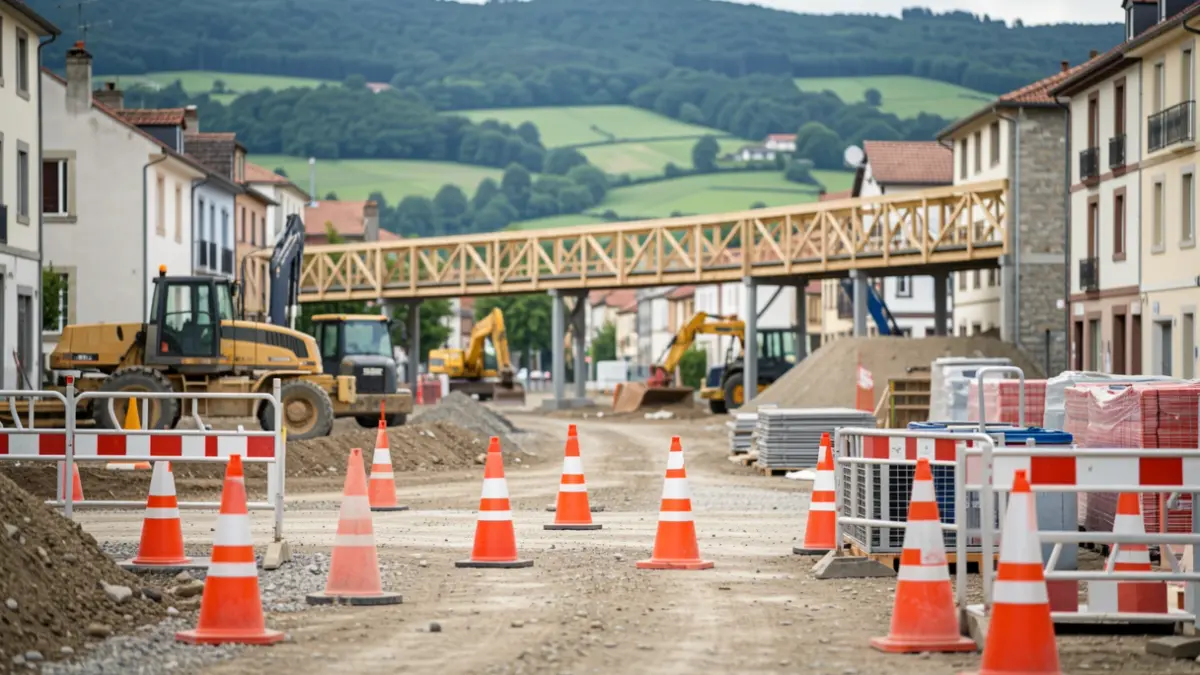 Eraikuntza gune bat, trafiko konoak, hesien eta gelditutako makineria dituena, erdi amaituta dagoen egoeran.