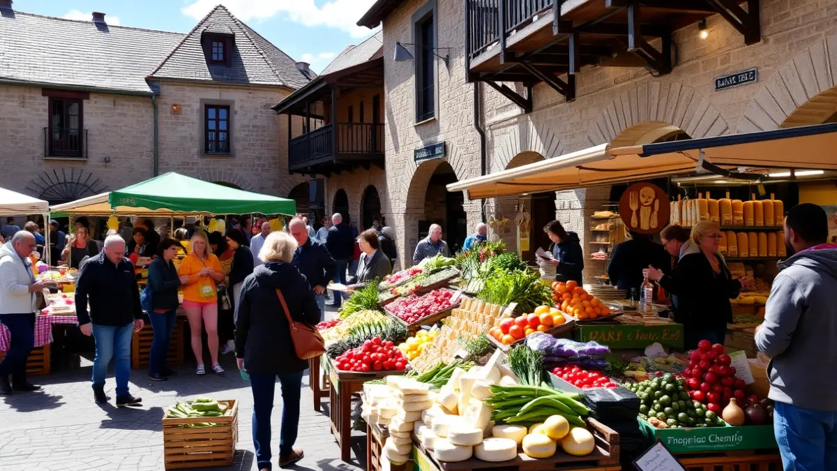 Imagen dinámica del mercado local de Sopela, con productos frescos y gente.