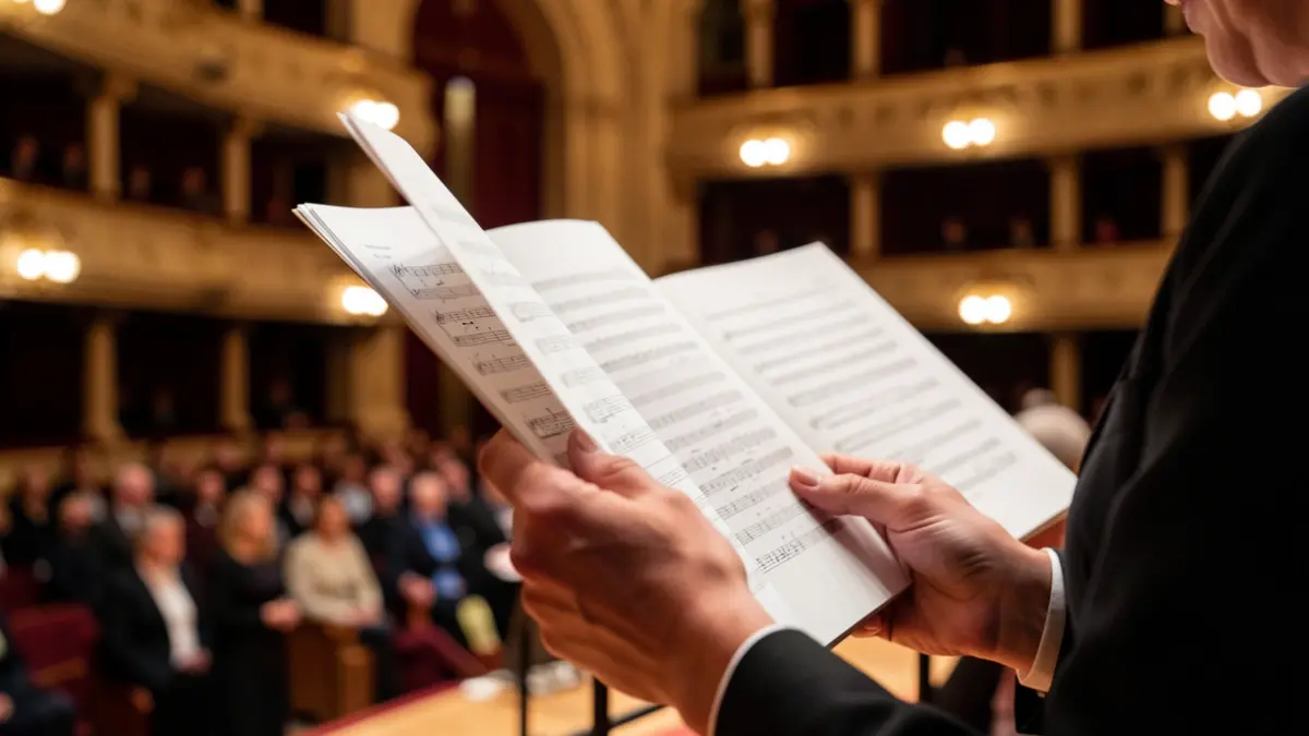 Irudia generikoa da, kantari baten eskuak eta opera antzoki baten atzealdea.