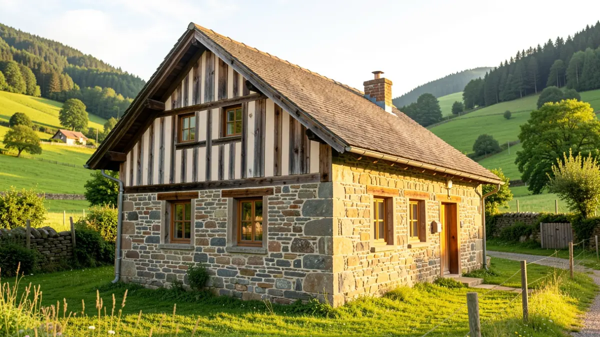Kanpoaldeko bistak etxebizitza rural atsegin batena, harrizko hormekin eta egurrezko habeekin, Euskal Herriko haran berde batean kokatua, arratsaldeko eguzki argiarekin, euskal arkitektura tradizionala.
