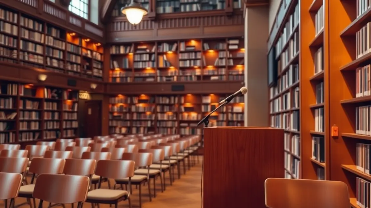 Generic image: library interior with microphone and empty chairs.