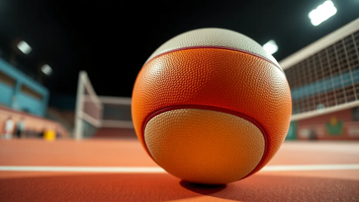 Generic image of a cesta punta ball on the court, with a blurred fronton in the background.