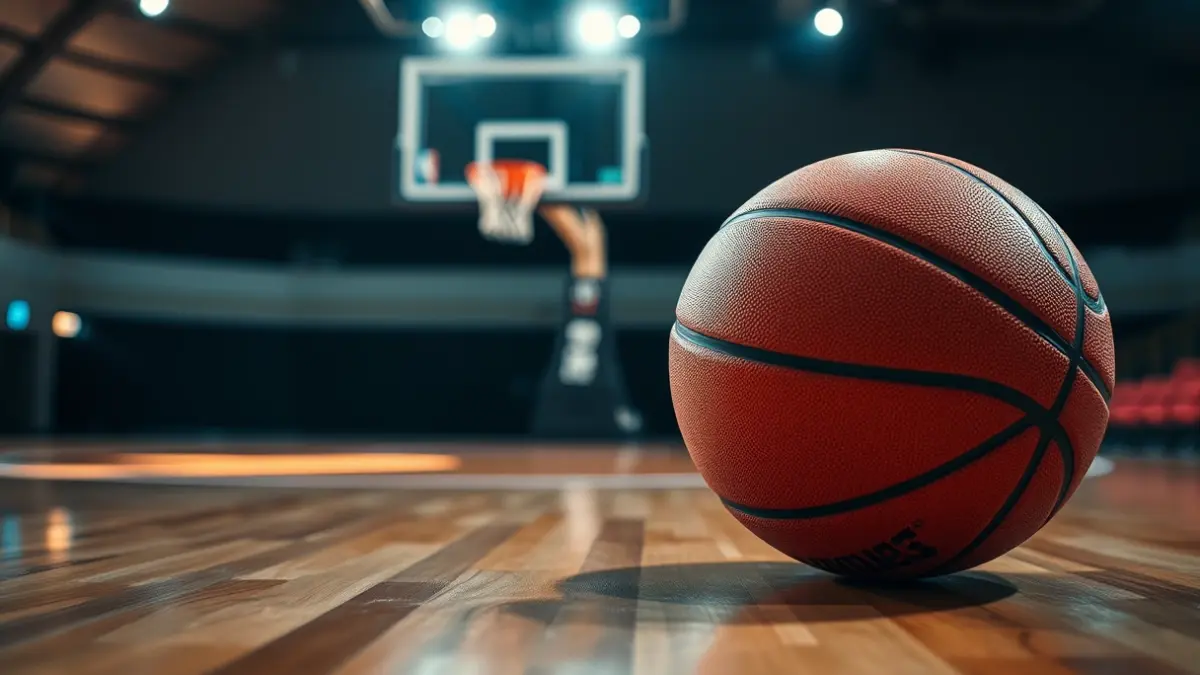 A basketball resting on a polished wooden court, with a blurred basketball hoop in the background.
