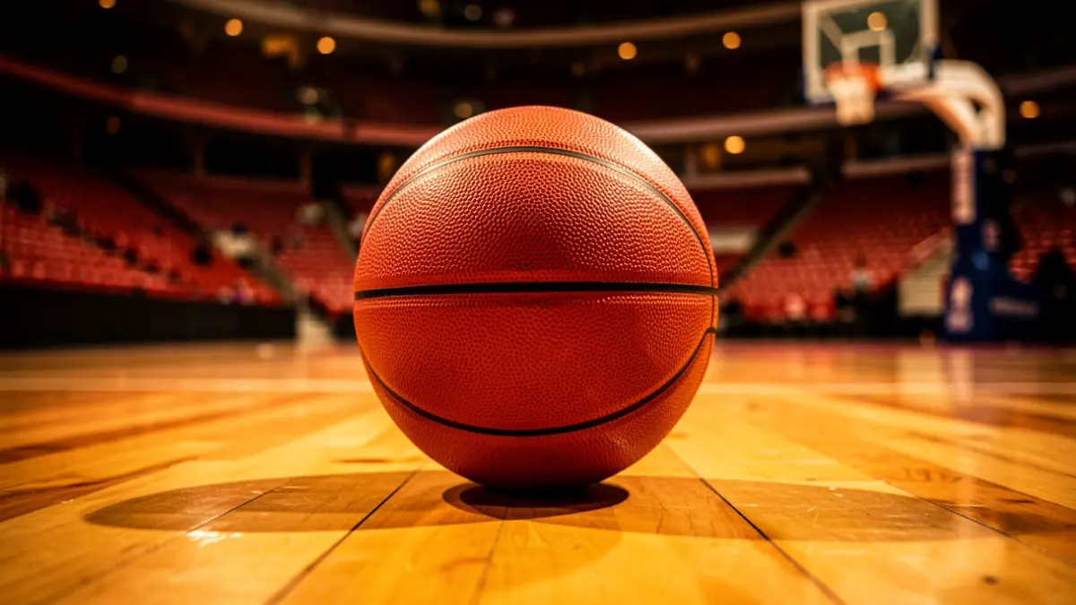 A basketball on a court.