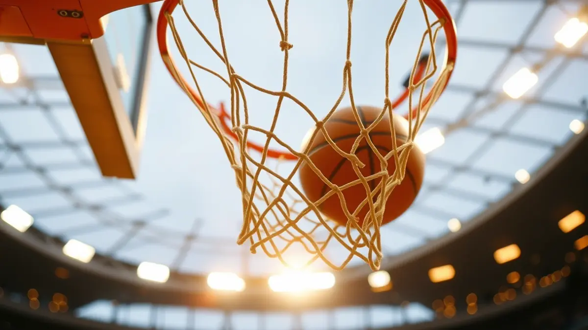 Generic image of a basketball net with a ball passing through, in a celebratory atmosphere.