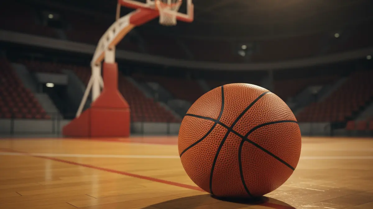 Un balón de baloncesto sobre una cancha de madera pulida, con el aro de baloncesto desenfocado al fondo.