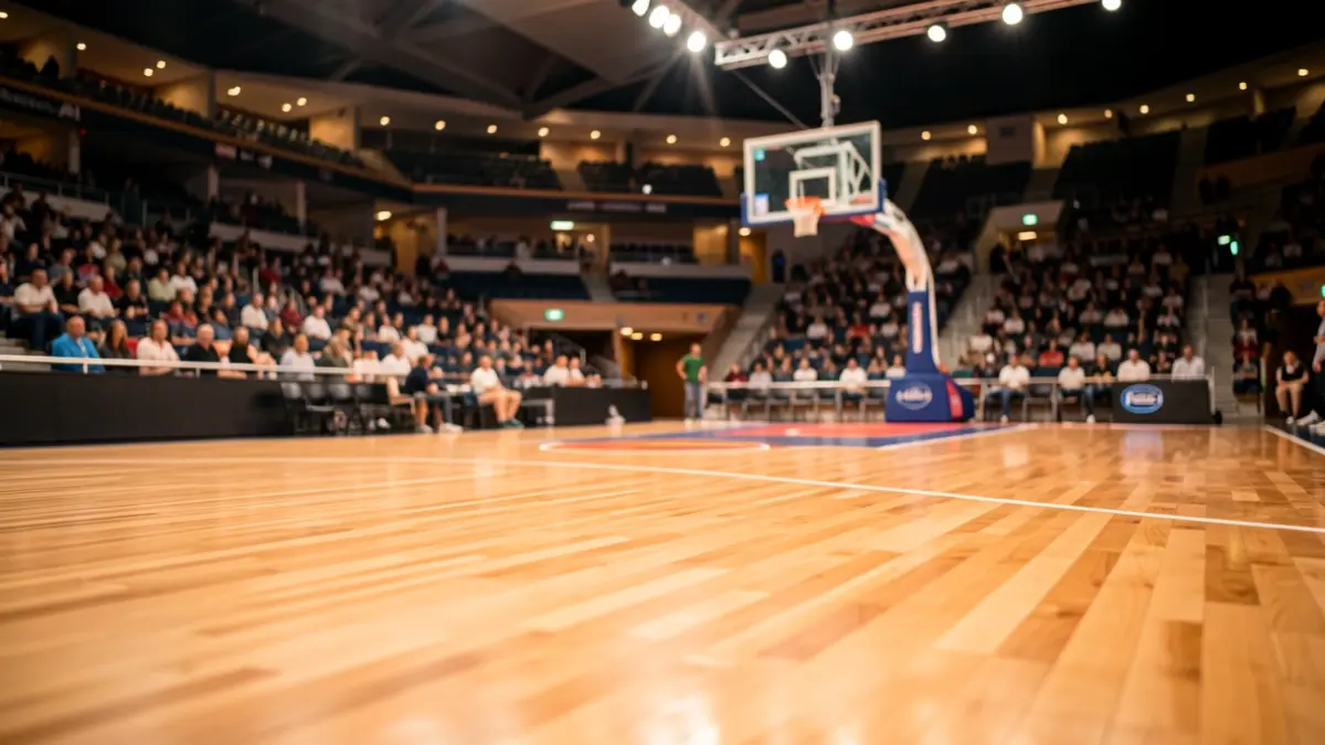 Pista de baloncesto en una arena moderna, iluminada.