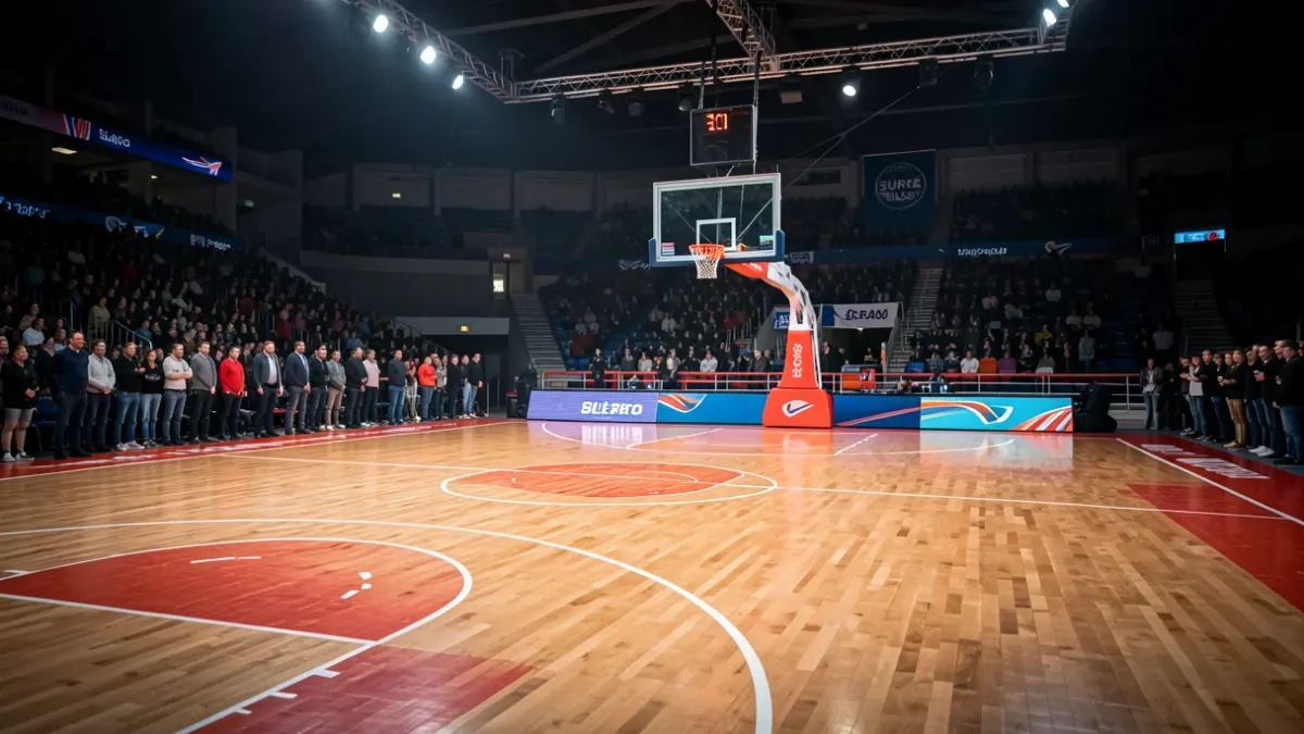 Una cancha de baloncesto en el Bilbao Arena, con los colores del equipo Surne Bilbao sutilmente visibles al fondo.