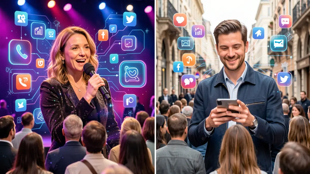 Imagen genérica: una mujer cómica y un hombre influencer con iconos de redes sociales.