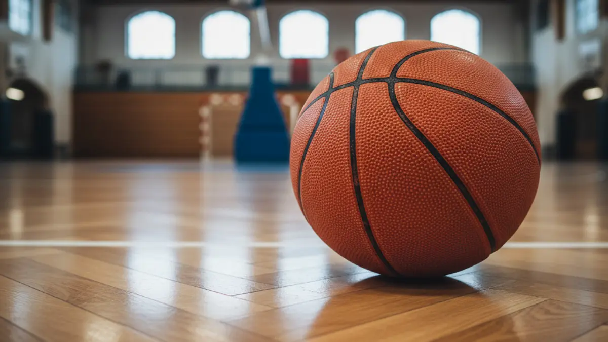 Generic image of a basketball, resting on a court.