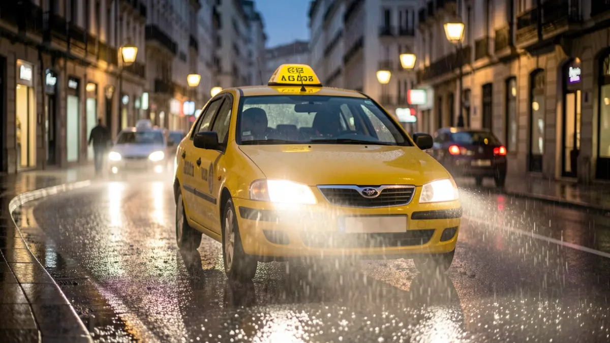 A yellow taxi driving on a dark, wet street in Bilbao at night, with blurred city lights and buildings in the background.