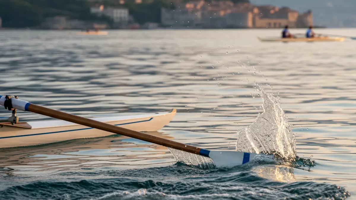 Generic image of a rower's oar dipping into the water, with a blurred coastal landscape in the background.
