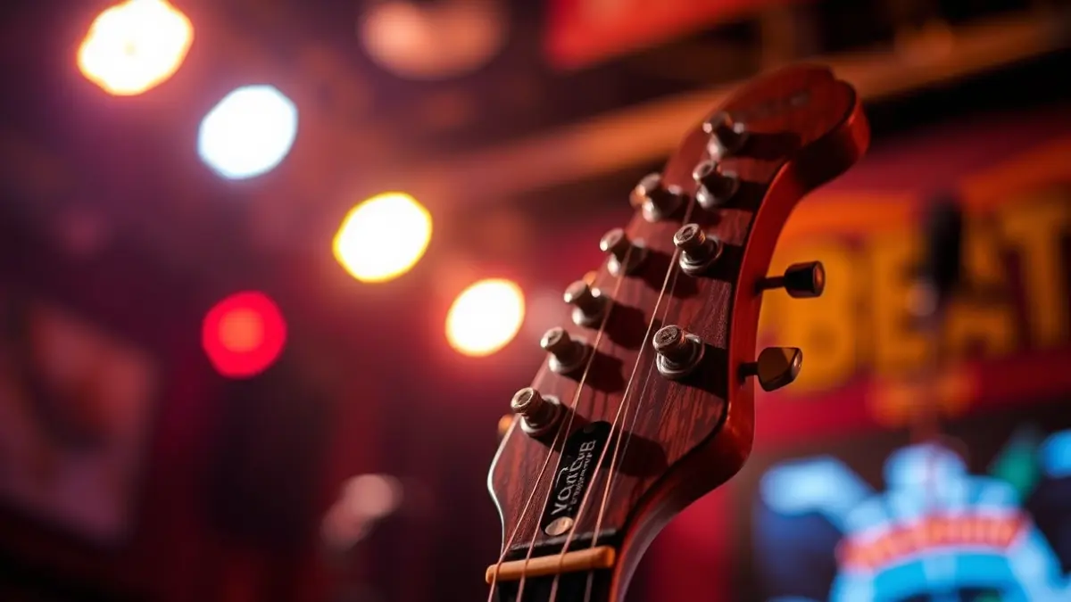 Generic image: electric guitar headstock with blurred concert lights in the background.
