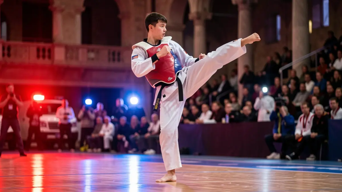Irudi generikoa: Taekwondo borrokalari bat, kirol pistan argi gorri-urdinekin.