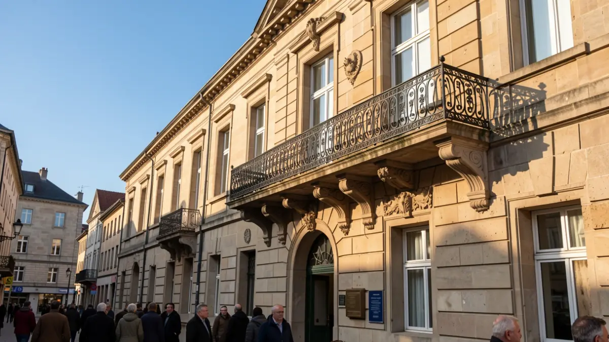 Irudi generikoa: Tolosako udaletxearen harrizko fatxada, balkoi burdinatua eta eguzki argia.