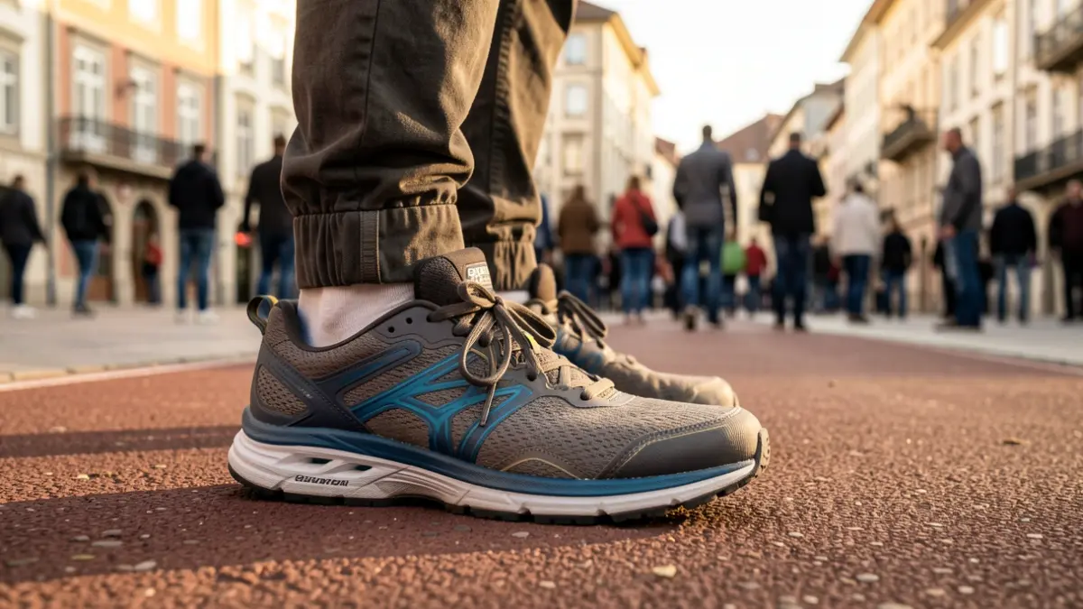 Running shoes on asphalt with a blurred background of the streets of Tolosa.