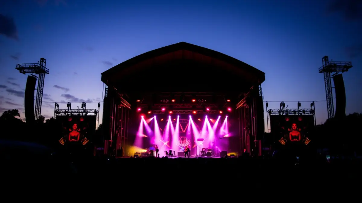 Generic image of a music festival stage and crowd at dusk.