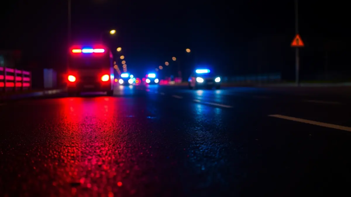 Imagen genérica: Luces de emergencia reflejándose en asfalto mojado por la noche.