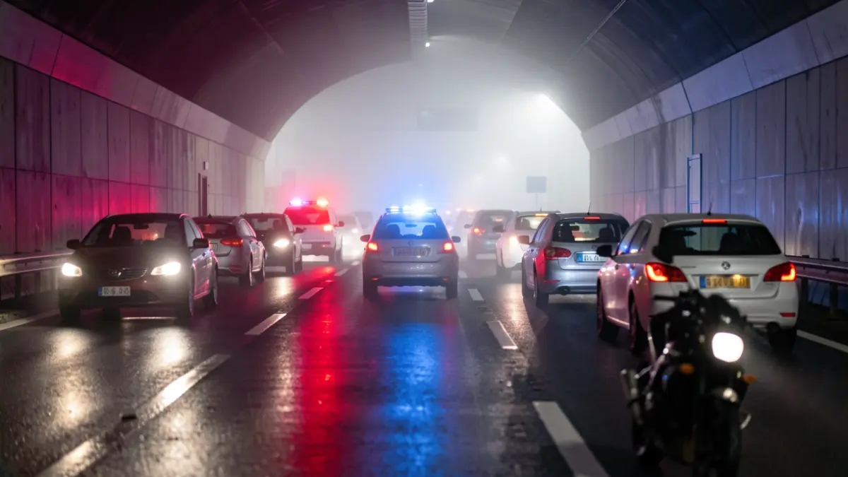 Traffic jam on a highway tunnel in Euskadi, red and blue emergency lights reflecting on wet asphalt, blurred cars and motorcycles, dense fog, dramatic atmosphere.