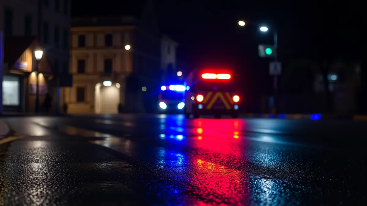 Imagen genérica: Luces de emergencia reflejándose en asfalto mojado por la noche, en un entorno urbano vasco.