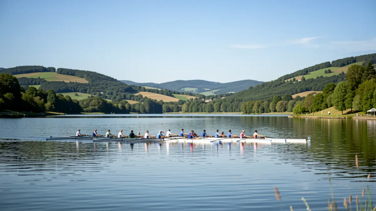 Ur lasaietan arraun-ontzi lerrokatuak, lasterketa baterako prest.