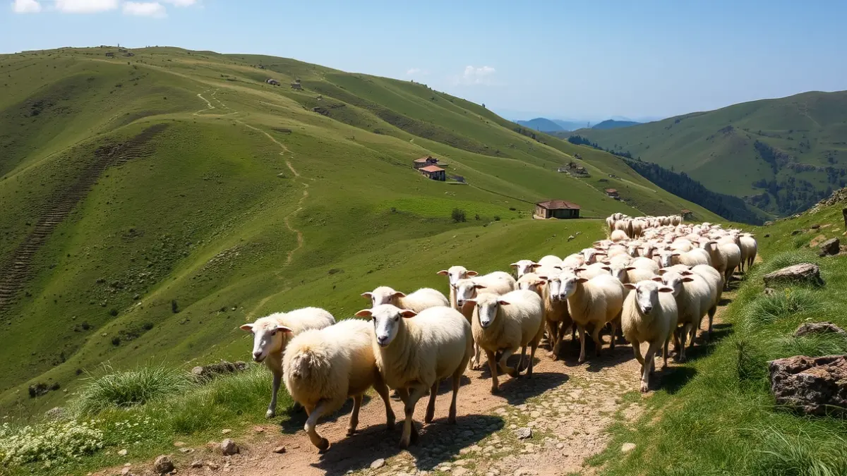 Imagen genérica: Rebaño de ovejas transitando por un camino de montaña, con el paisaje verde del País Vasco al fondo.