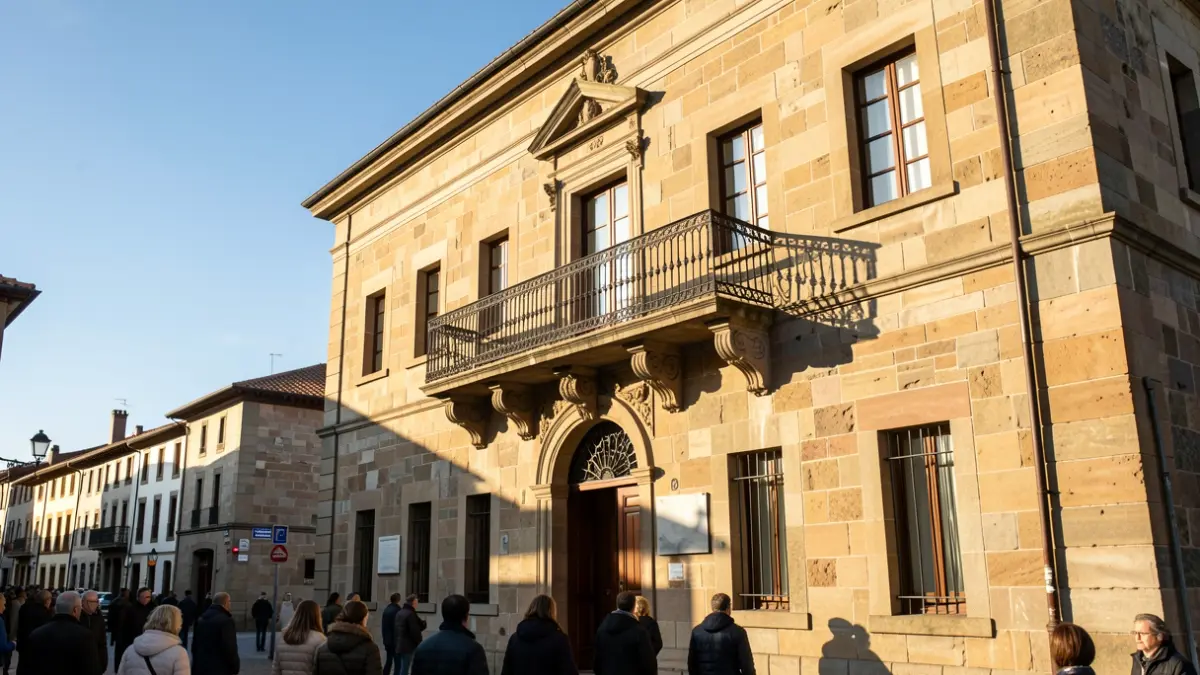 Generic image of a Basque Country town hall facade with a balcony and iron railings.