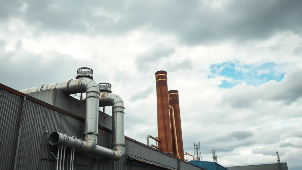 Imagen genérica: Exterior de una fábrica con tuberías industriales.