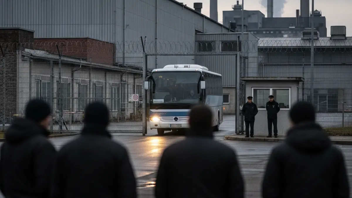 A bus arriving at a factory entrance early in the morning, under the surveillance of security forces.