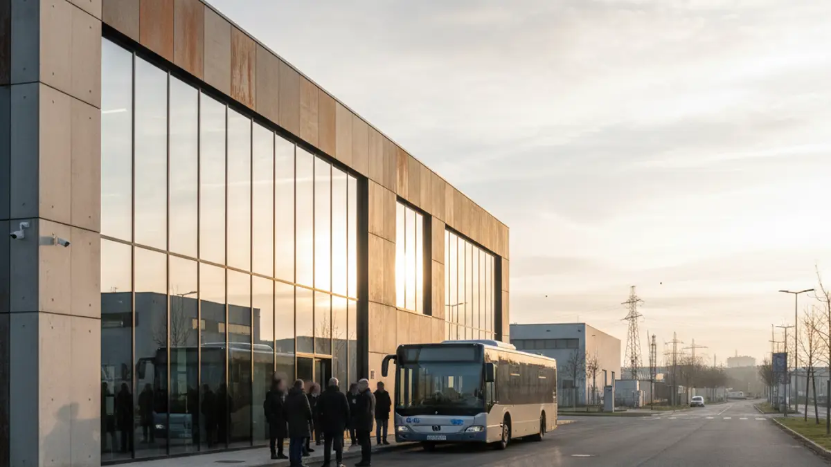 Tubos Reunidos enpresaren lantegiaren irudi generikoa, autobus bat eta langileak sarreran.