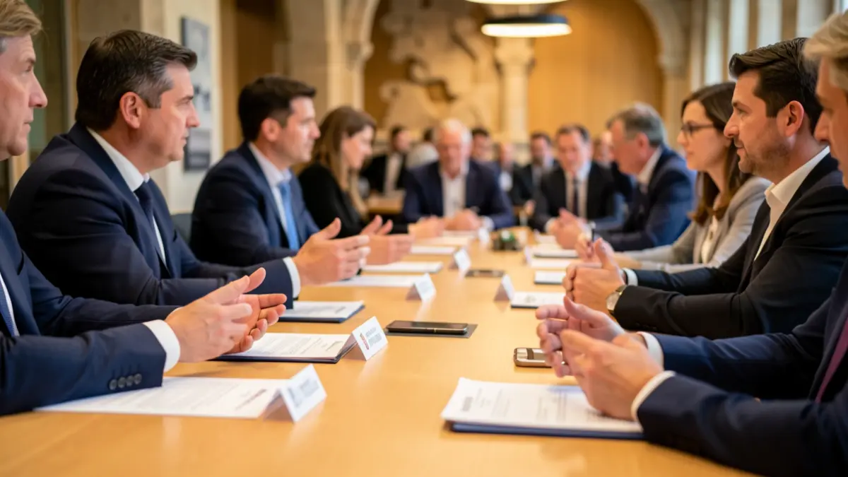 Imagen de una sala de conferencias moderna donde representantes del Gobierno Vasco y las diputaciones forales firman un acuerdo sobre turismo sostenible.