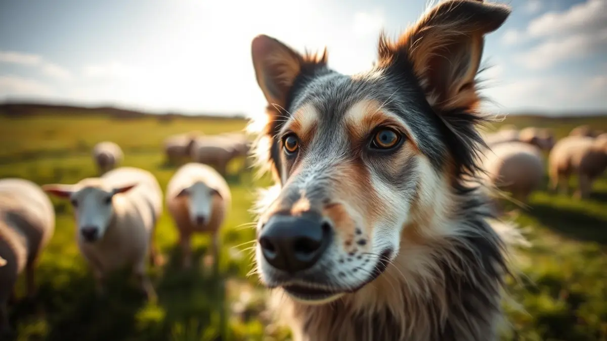 Image of a Basque shepherd dog, with hazel eyes and short, dense fur, in a green field with blurred sheep in the background.