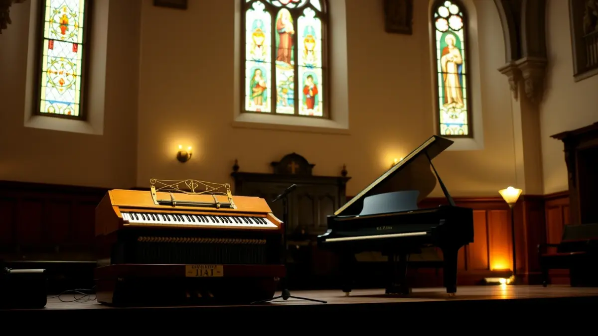 A harmonium and a piano in a historic concert setting.