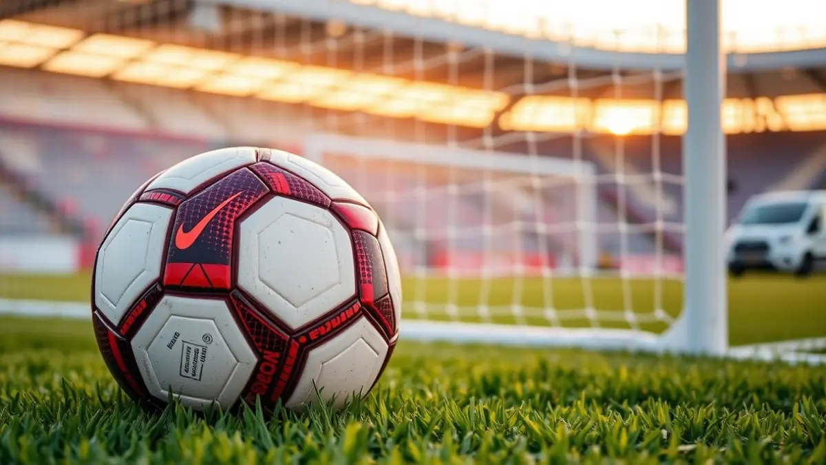 Generic image of a soccer ball on a field, with a goal net in the background.